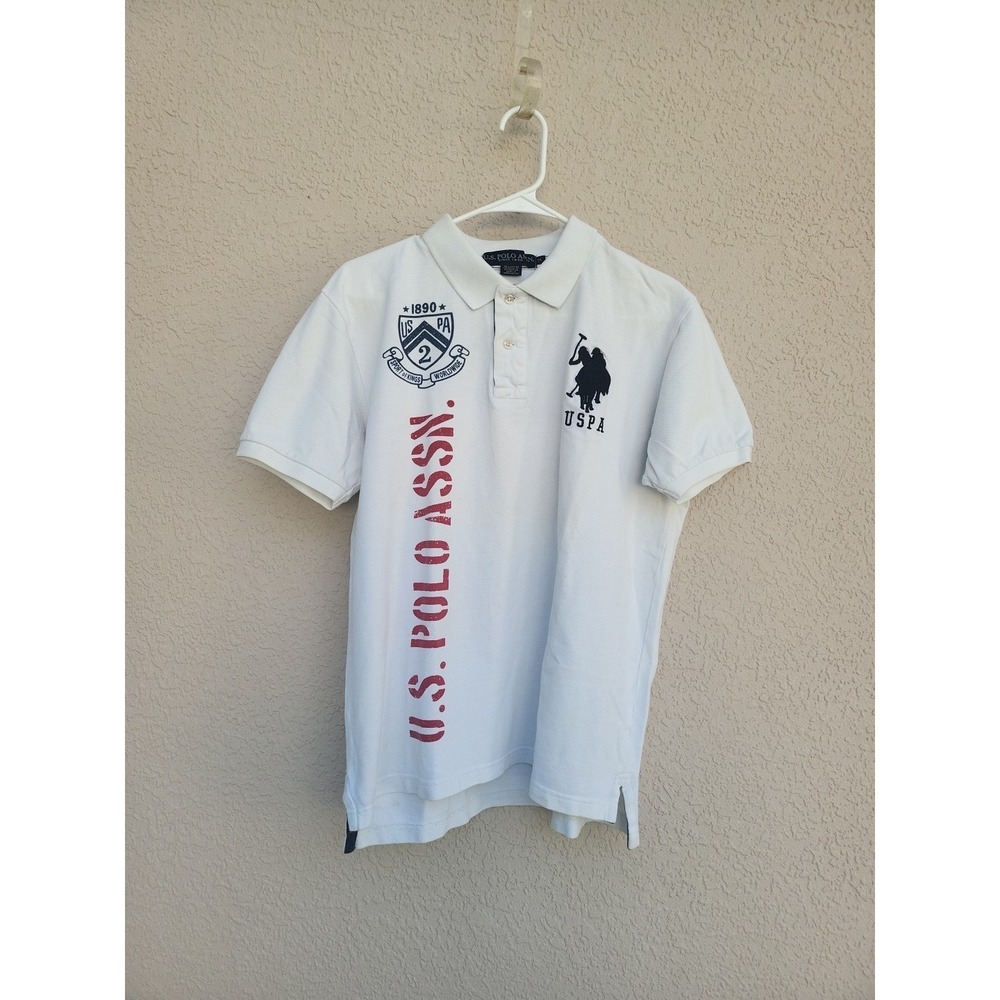 U.S.Polo Assn Men's VTG White Polo Navy Embroidery Big Pony Collared Shirt Sz M